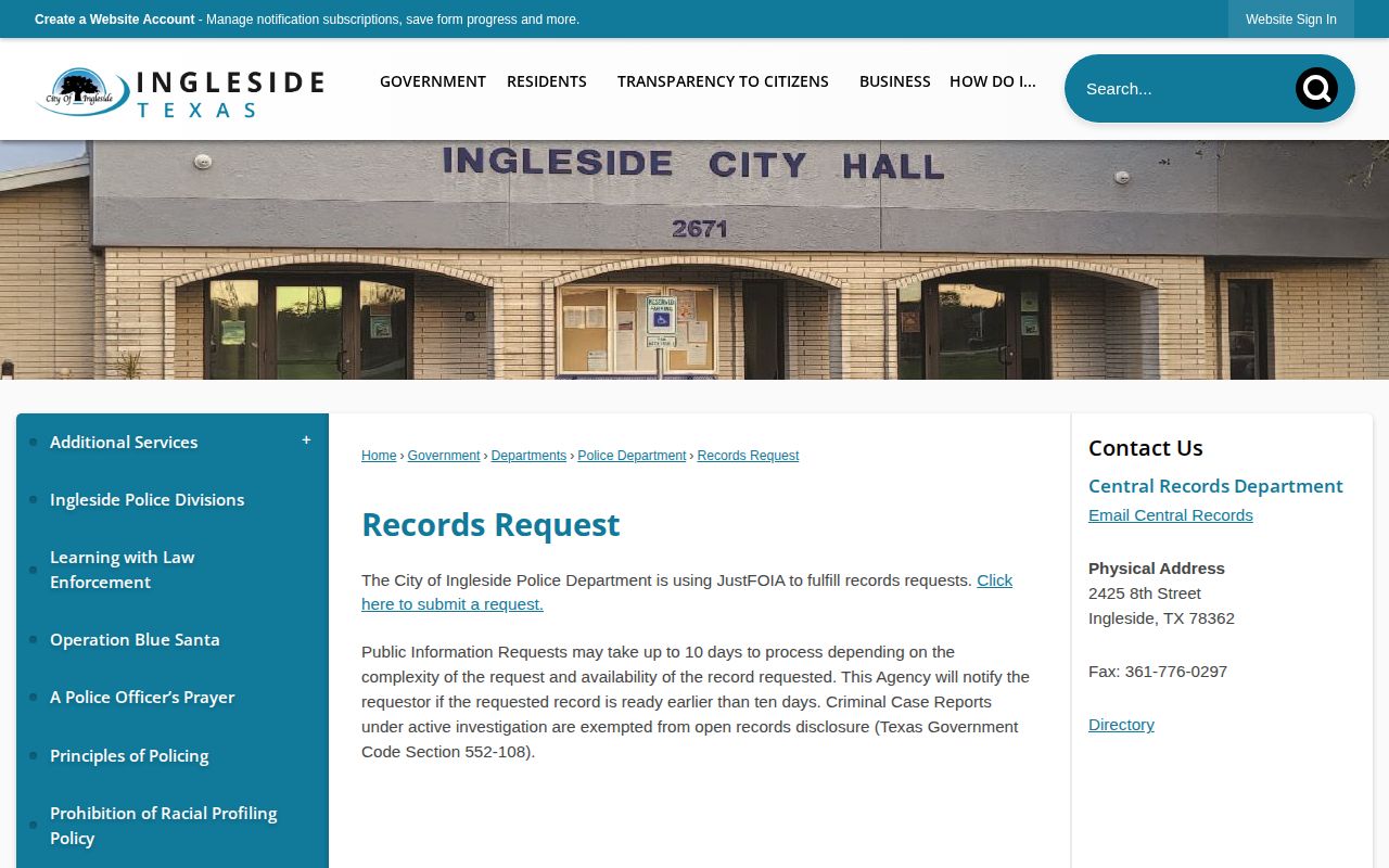 San Patricio County Ingleside records request page for arrest records
