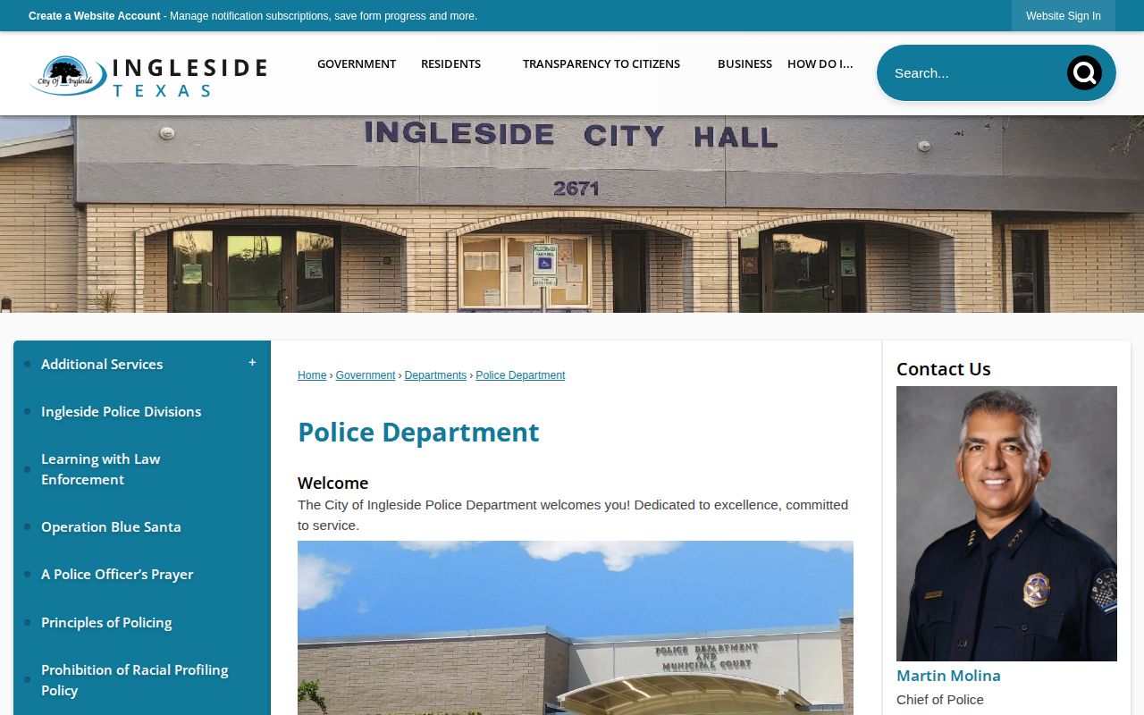San Patricio County Ingleside Police Department arrest-record contact page