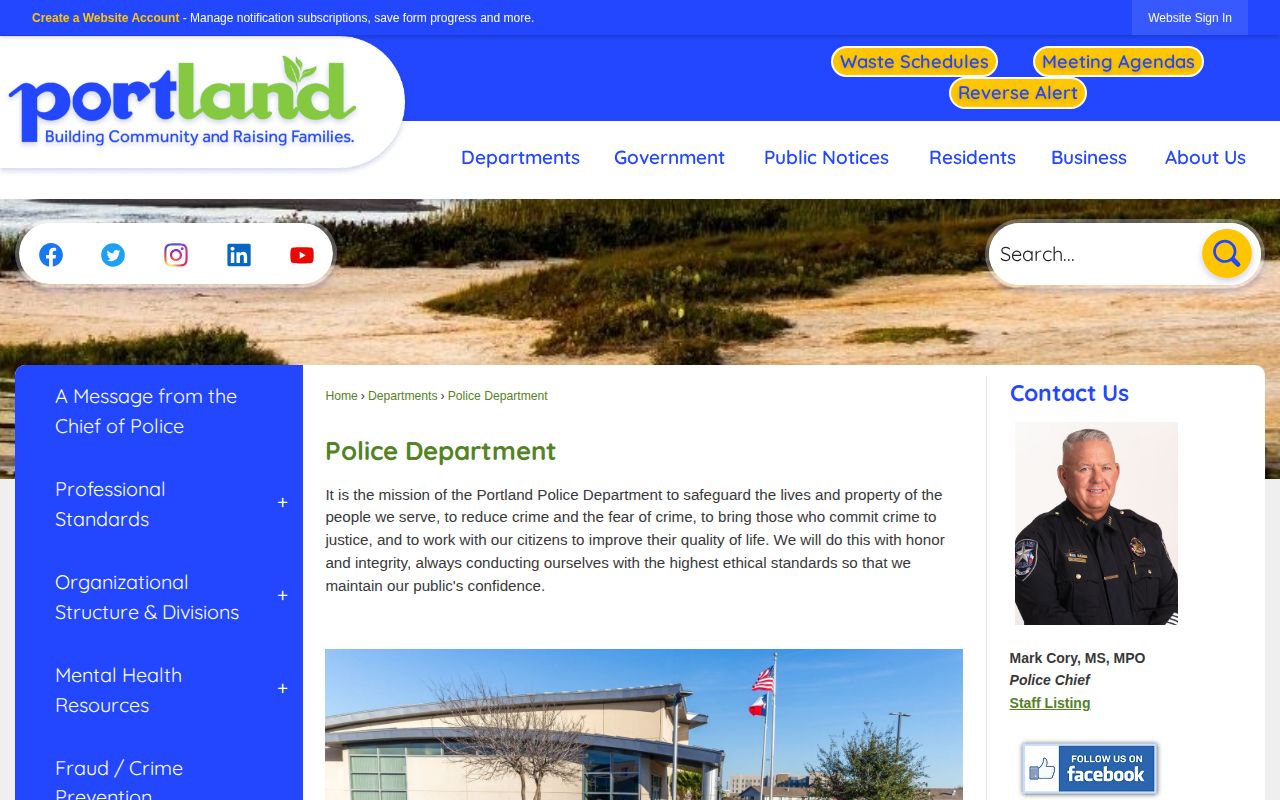San Patricio County Portland Police Department arrest-record contact page