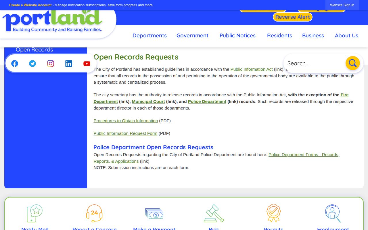 San Patricio County Portland public-information request page for arrest records